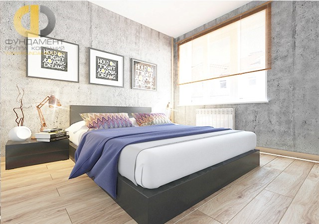 Спальня в стиле лофт с бетонными стенами. Фото из портфолио 