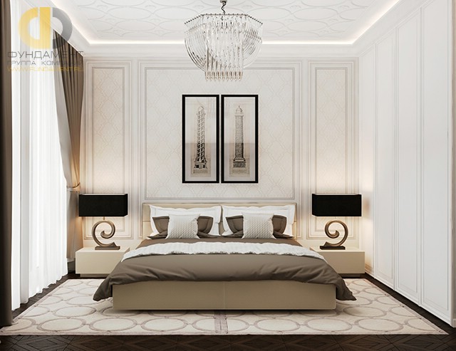 Дизайн белой спальни в стиле арт-деко в квартире на ул. Льва Толстого