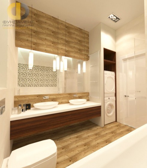 Интерьер ванной комнаты с деревянной отделкой