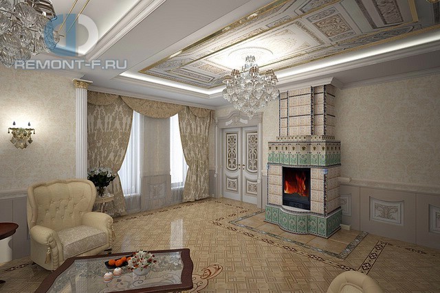 Дизайн комнаты с камином. Керамическая печь в каминной комнате