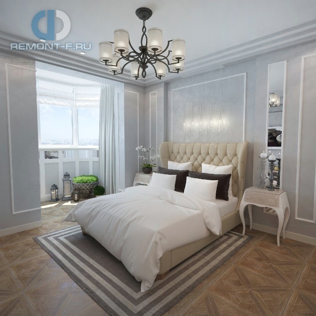 Интерьер спальни в бело-голубых тонах в квартире на Ломоносовском проспекте 