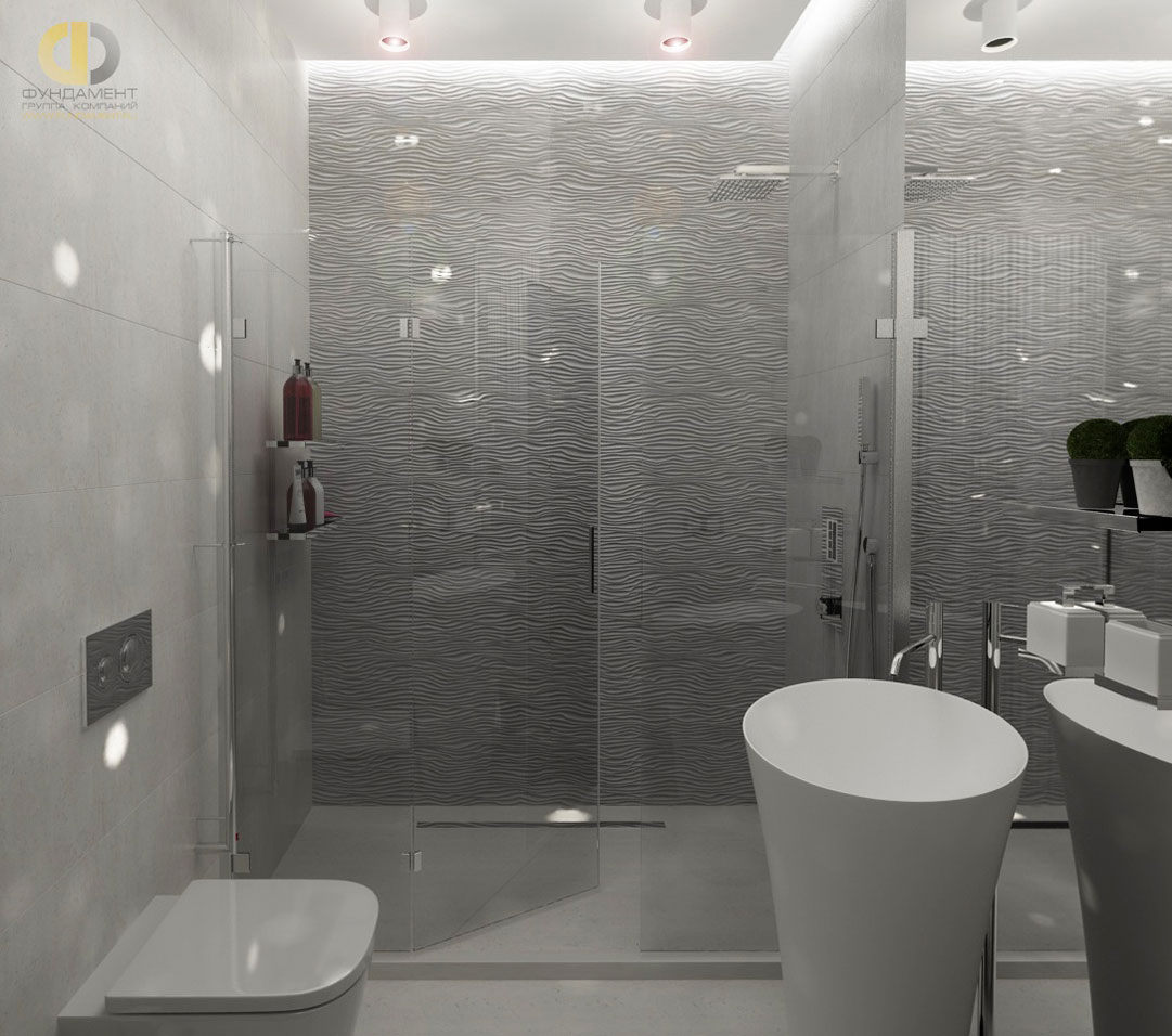 Интерьер ванной комнаты с рельефными панелями
