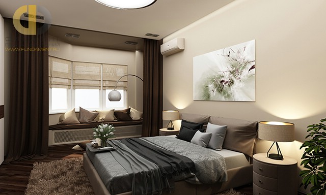 Дизайн спальни 15 кв. м в современном стиле. Фото интерьера с диваном