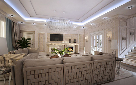 Дизайн интерьера гостиной в доме 323 кв.м в классическом стиле6