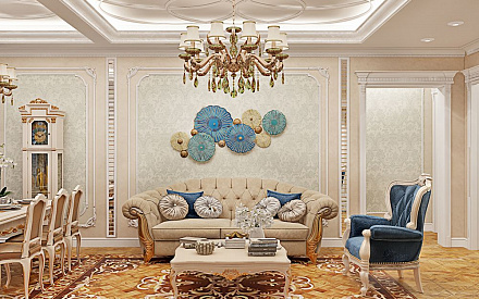 Дизайн интерьера гостиной в четырёхкомнатной квартире 144 кв. м в стиле классицизм 37