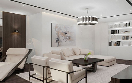 Дизайн-проект гостиной в трехкомнатной квартире 130 кв.м в Москве с фото в стиле минимализм
