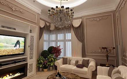 Дизайн интерьера гостиной в 4-комнатной квартире 130 кв. м в классическом стиле
