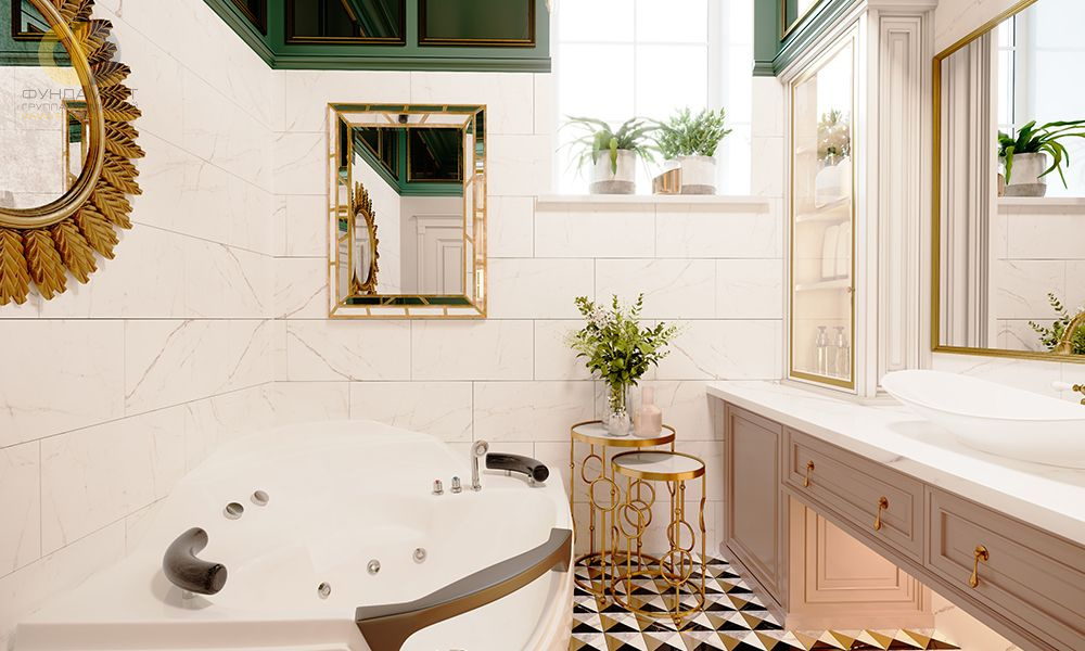 Дизайн интерьера ванной в трехкомнатной квартире 138 кв.м в стиле неоклассика с элементами ар-деко1
