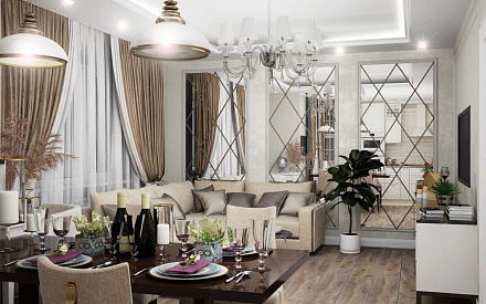 Дизайн интерьера гостиной в трёхкомнатной квартире 90 кв.м в стиле современная классика
