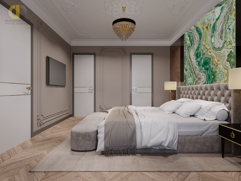 Спальня в стиле дизайна арт-деко (ар-деко) по адресу г. Москва, ул. Минская, д. 2, 2021 года