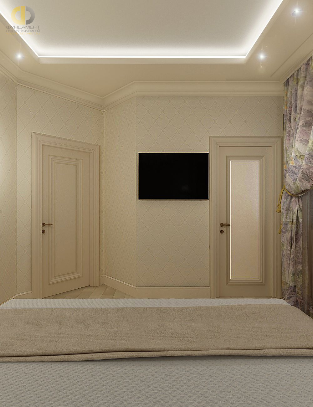 Спальня в стиле дизайна классицизм по адресу г. Москва, пос. Коммунарка, ул. Липовый Парк, д. 5, к. 1, 2018 года