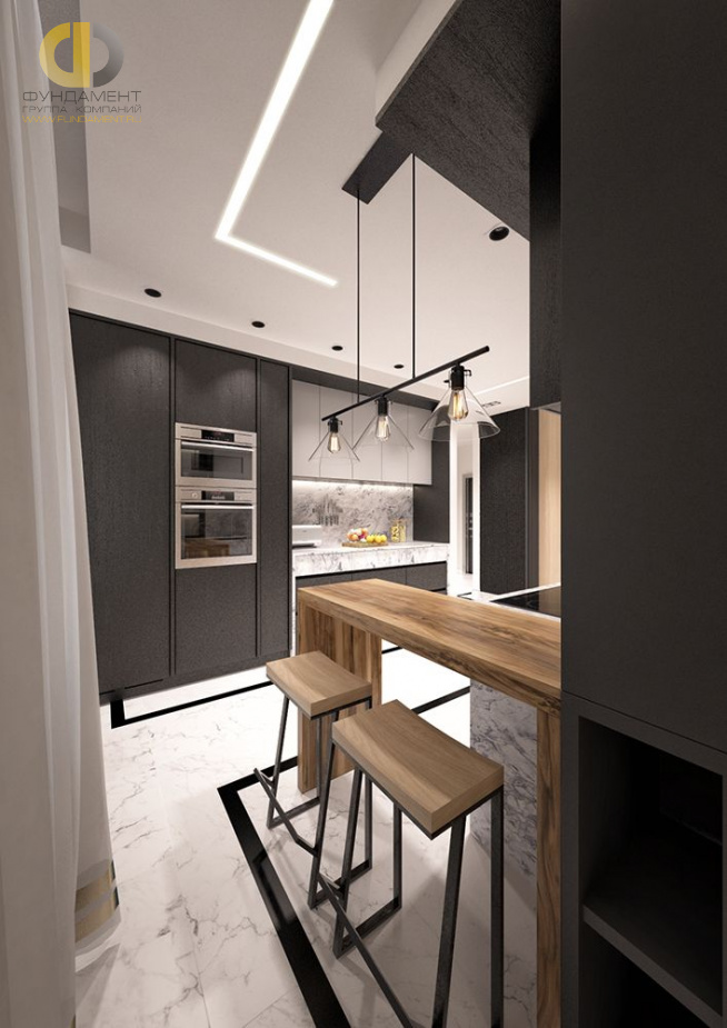 Дизайн интерьера кухни в трёхкомнатной квартире 106 кв.м в стиле хай-тек