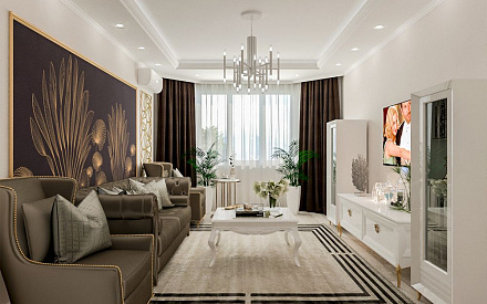 Дизайн интерьера гостиной в четырёхкомнатной квартире 144 кв.м в стиле эклектика3