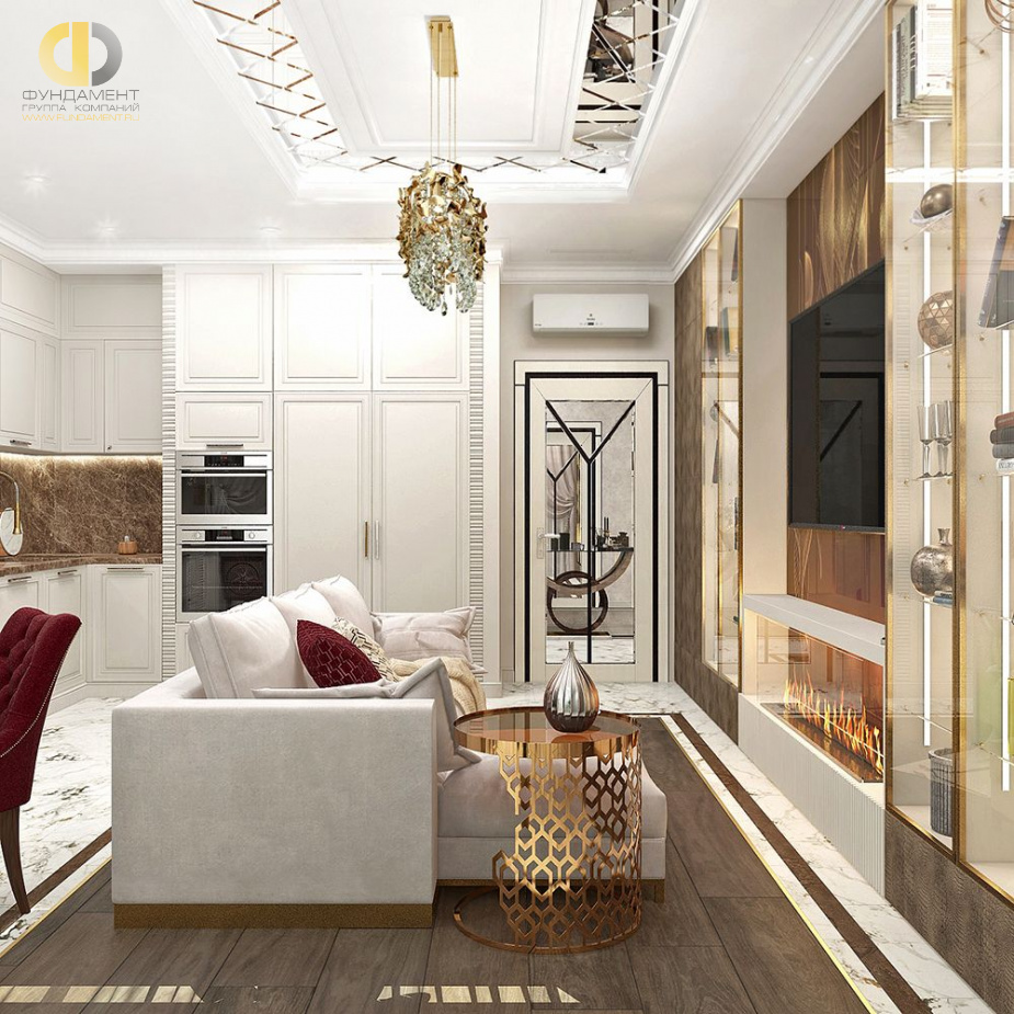 Дизайн интерьера гостиной в четырёхкомнатной квартире 114 кв. м в стиле ар-деко и неоклассика 36