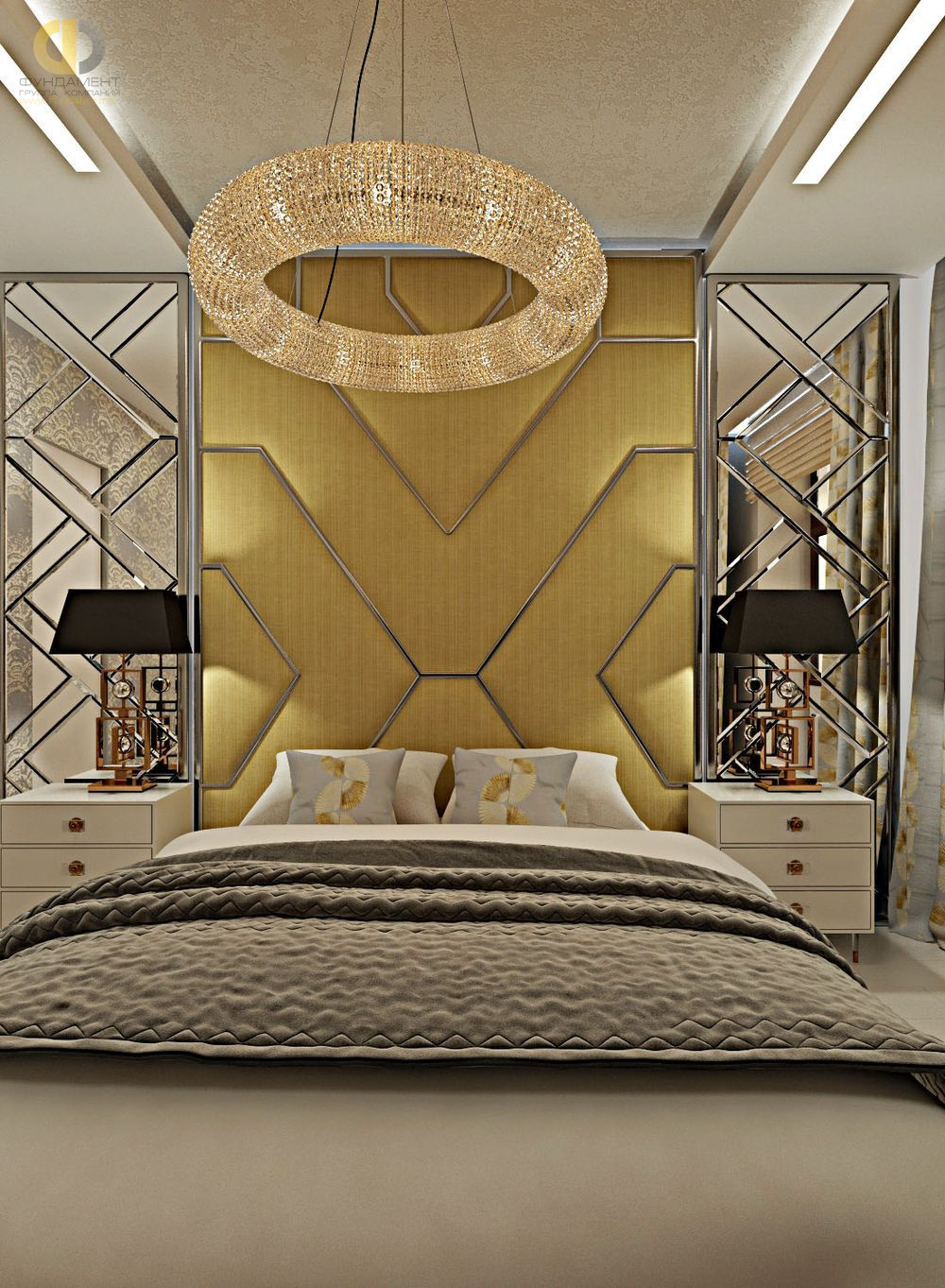Спальня в стиле дизайна арт-деко (ар-деко) по адресу г. Москва, ул. Серпуховской Вал, д. 19/21, 2019 года