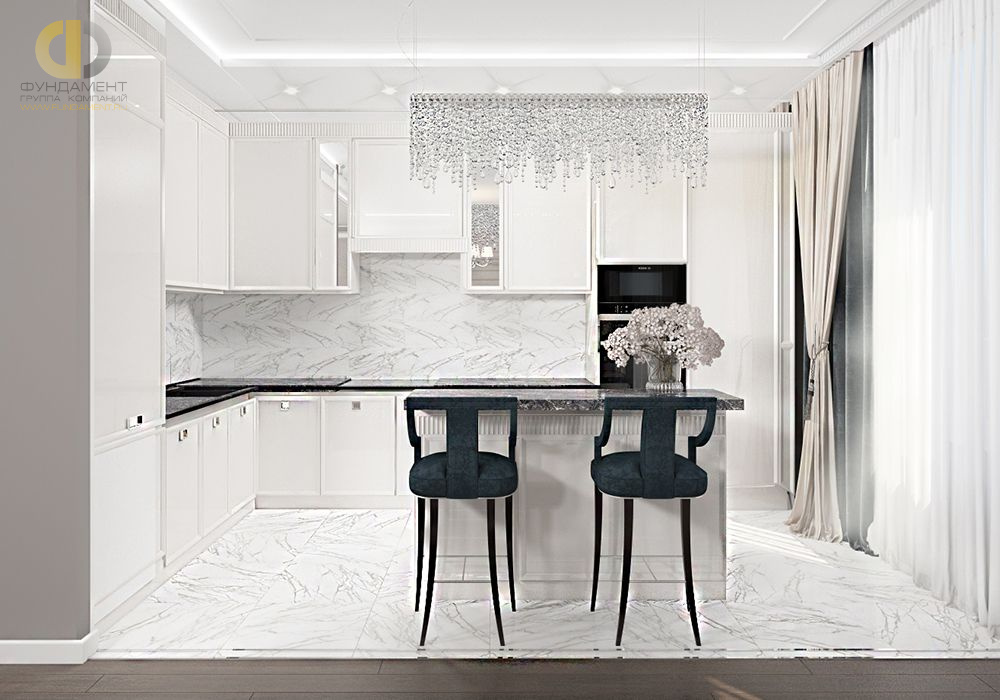 Дизайн интерьера кухни в трёхкомнатной квартире 89 кв.м в стиле ар-деко