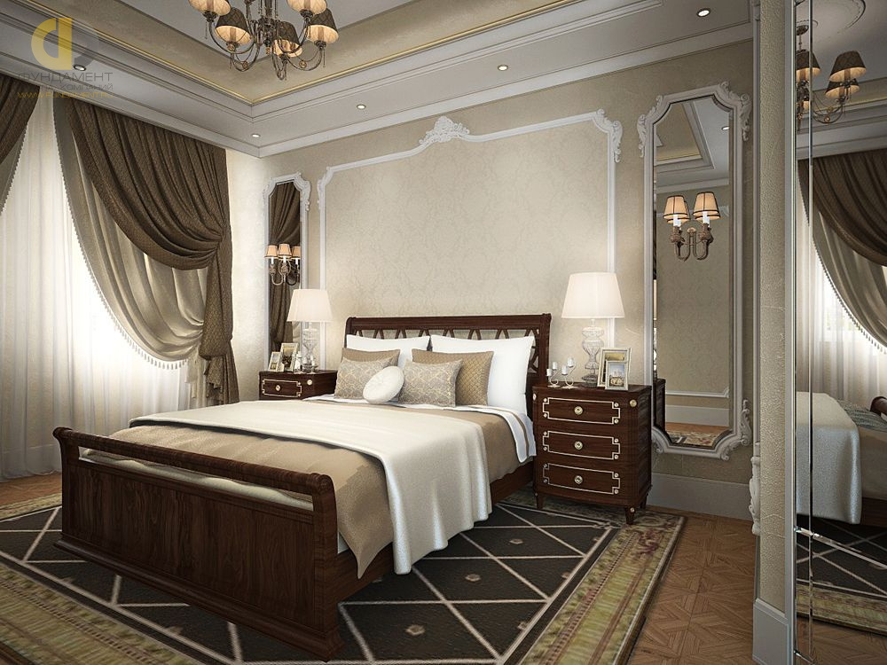 Спальня в стиле дизайна классицизм по адресу г. Москва, ул. Авиационная, д. 77, к. 2, 2018 года