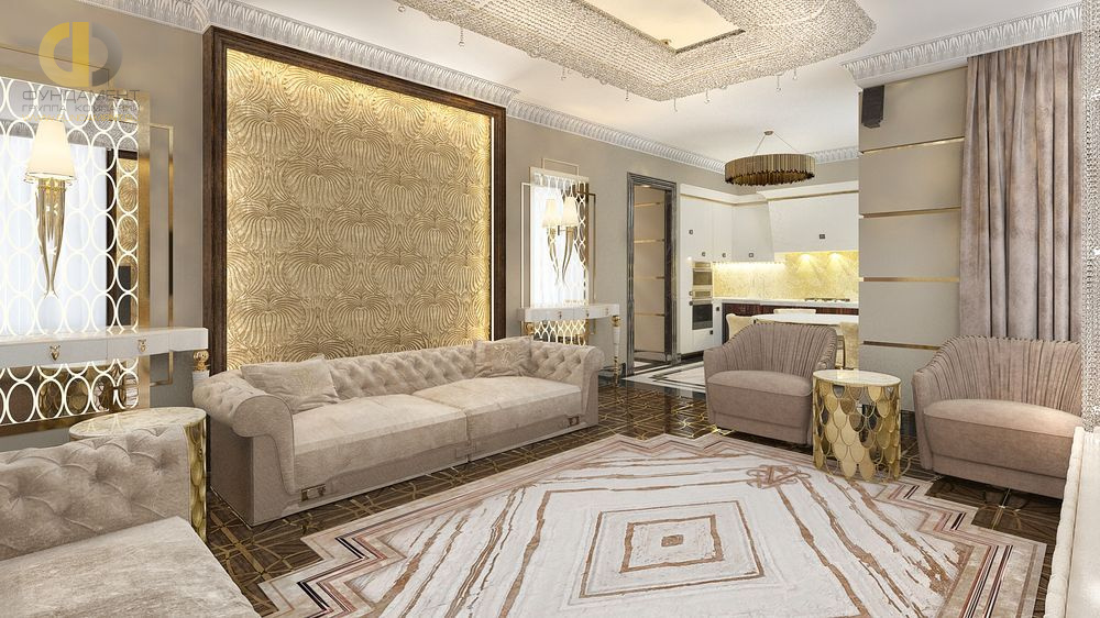 3D-визуализация гостиной 3-комнатной квартиры в стиле ар-деко