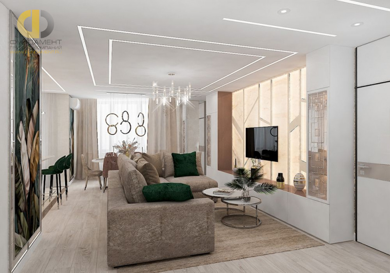 Дизайн интерьера гостиной в пятикомнатной квартире 108 кв. м в современном стиле 1