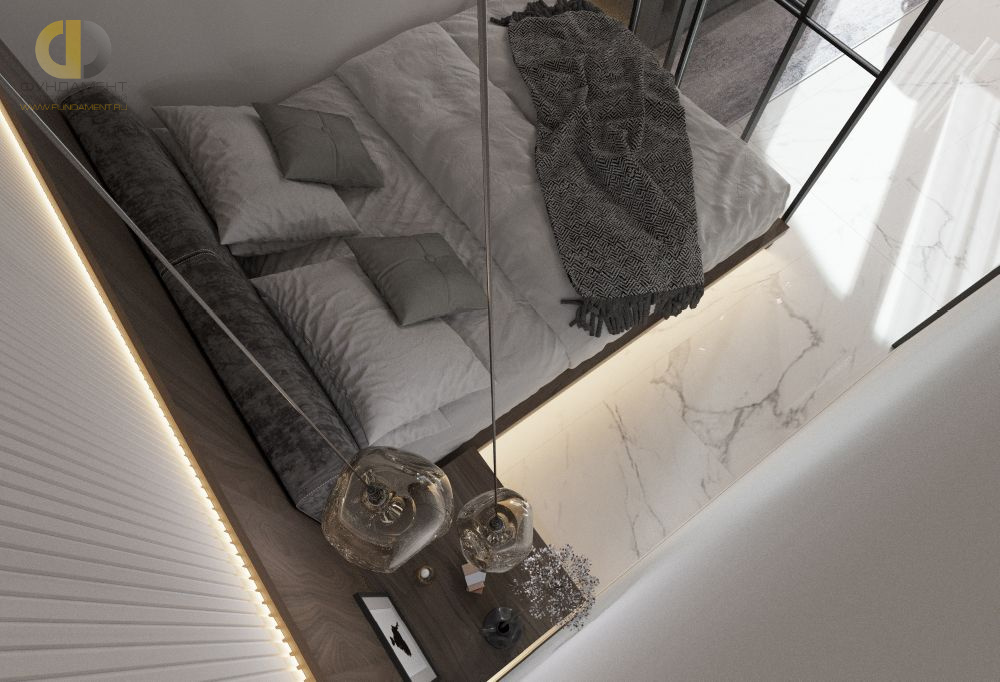 Спальня в стиле дизайна минимализм по адресу г. Москва, ул. Новоалексеевская, д. 16, 2021 года