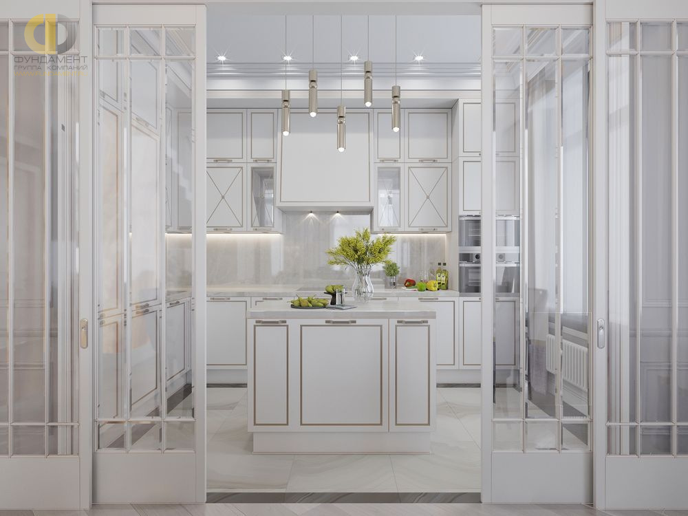 Дизайн белой кухни с раздвижными дверьми