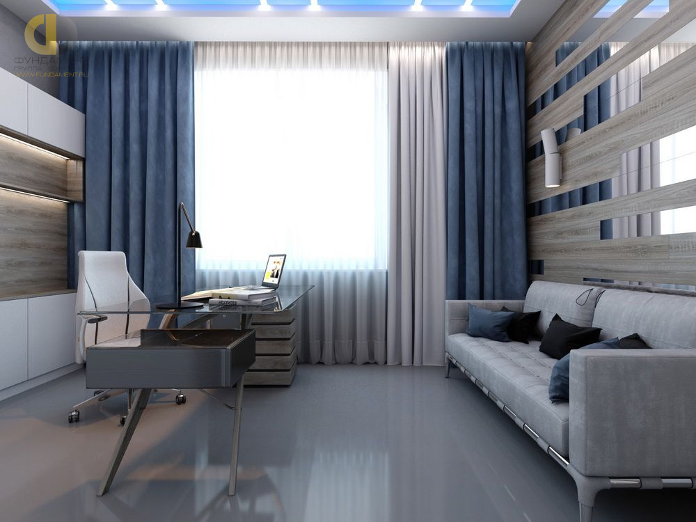Серый пол и диван в интерьере кабинета в современном стиле