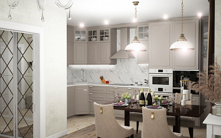 Дизайн интерьера кухни в трёхкомнатной квартире 90 кв.м в стиле современная классика
