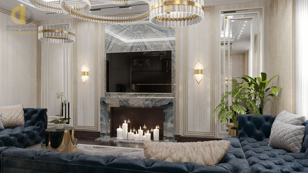 Дизайн ТВ-зоны гостиной со свечным камином