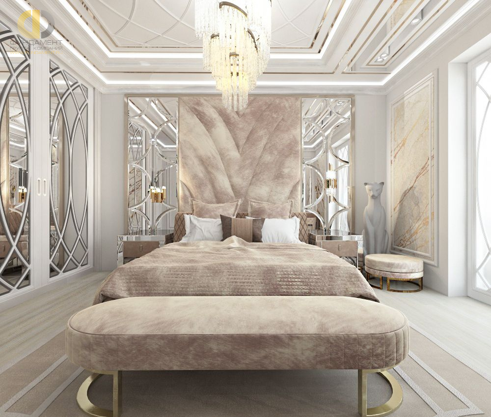 Дизайн интерьера спальни в двухуровневой квартире 118 кв.м в стиле неоклассика с элементами ар-деко 9