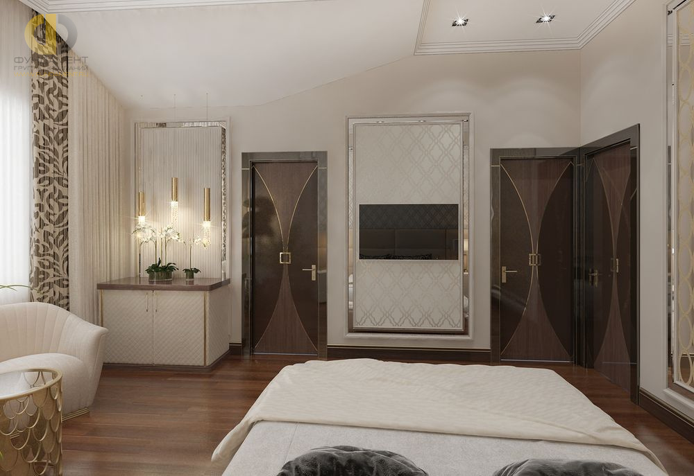 Спальня в стиле дизайна арт-деко (ар-деко) по адресу МО, 10 км от МКАД по Ильинскому шоссе, 2018 года