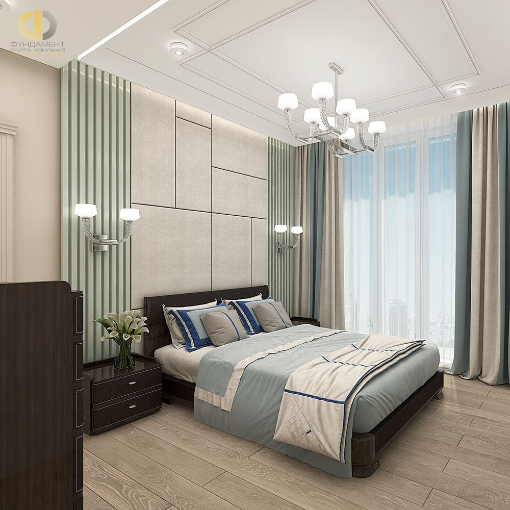 Спальня в стиле дизайна неоклассика по адресу г. Москва, ул. Генерала Карбышева, д. 8, 2018 года