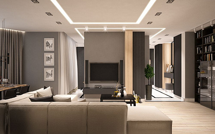 Дизайн интерьера гостиной в трёхкомнатной квартире 106 кв.м в стиле хай-тек