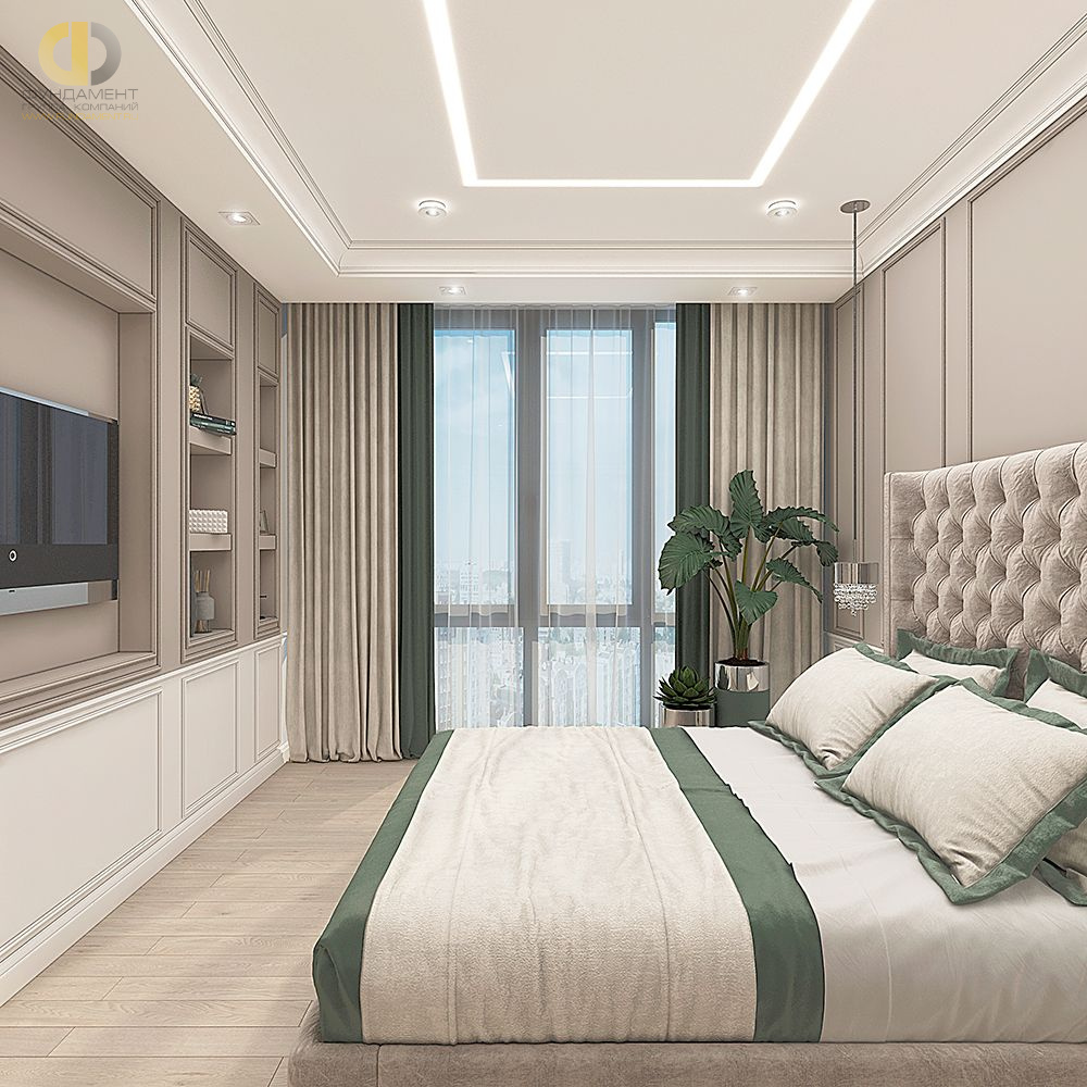Спальня в стиле дизайна неоклассика по адресу г. Москва, Ленинский пр-т, д. 107, корп. 1, 2019 года
