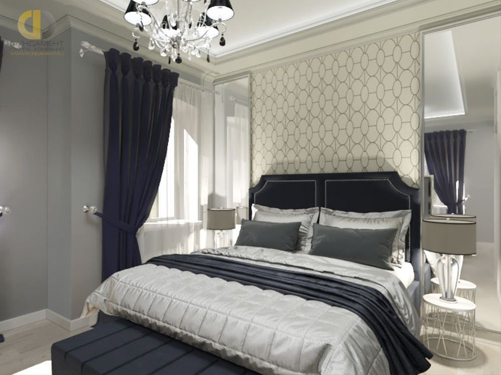 Дизайн синей спальни с элементами неоклассики