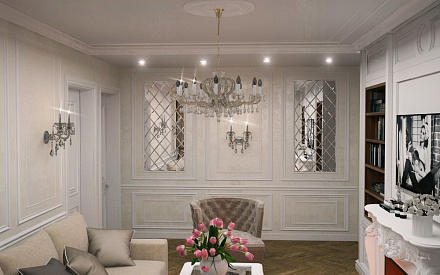 Дизайн интерьера гостиной в трёхкомнатной квартире 81 кв.м в стиле современная классика