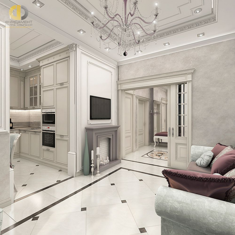 Дизайн интерьера гостиной в трехкомнатной квартире 87 кв.м в классическом стиле