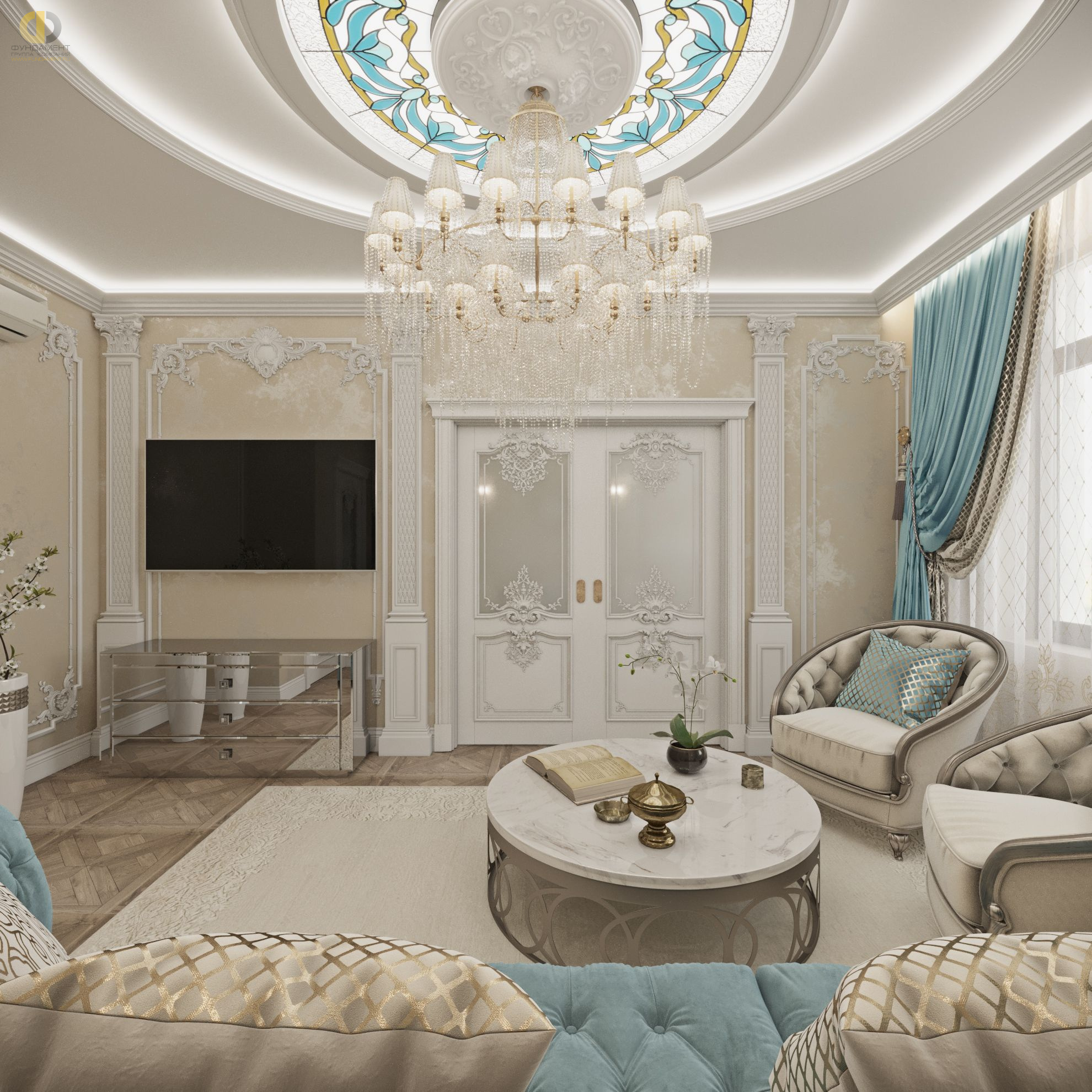 Гостиная в стиле дизайна классицизм по адресу г. Москва, Хорошевское шоссе, дом 25А, стр. 1, 2021 года
