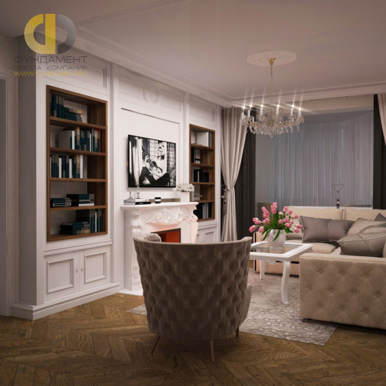 Дизайн интерьера гостиной в трёхкомнатной квартире 81 кв.м в стиле современная классика