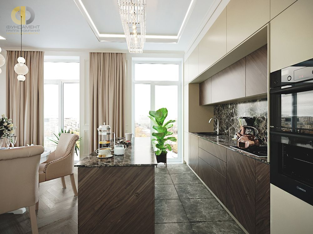 Интерьер кухни в квартире в стиле неоклассика с элементами ар-деко
