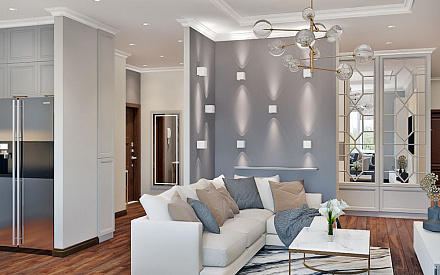 Дизайн интерьера гостиной в трёхкомнатной квартире 99 кв.м в стиле современная классика