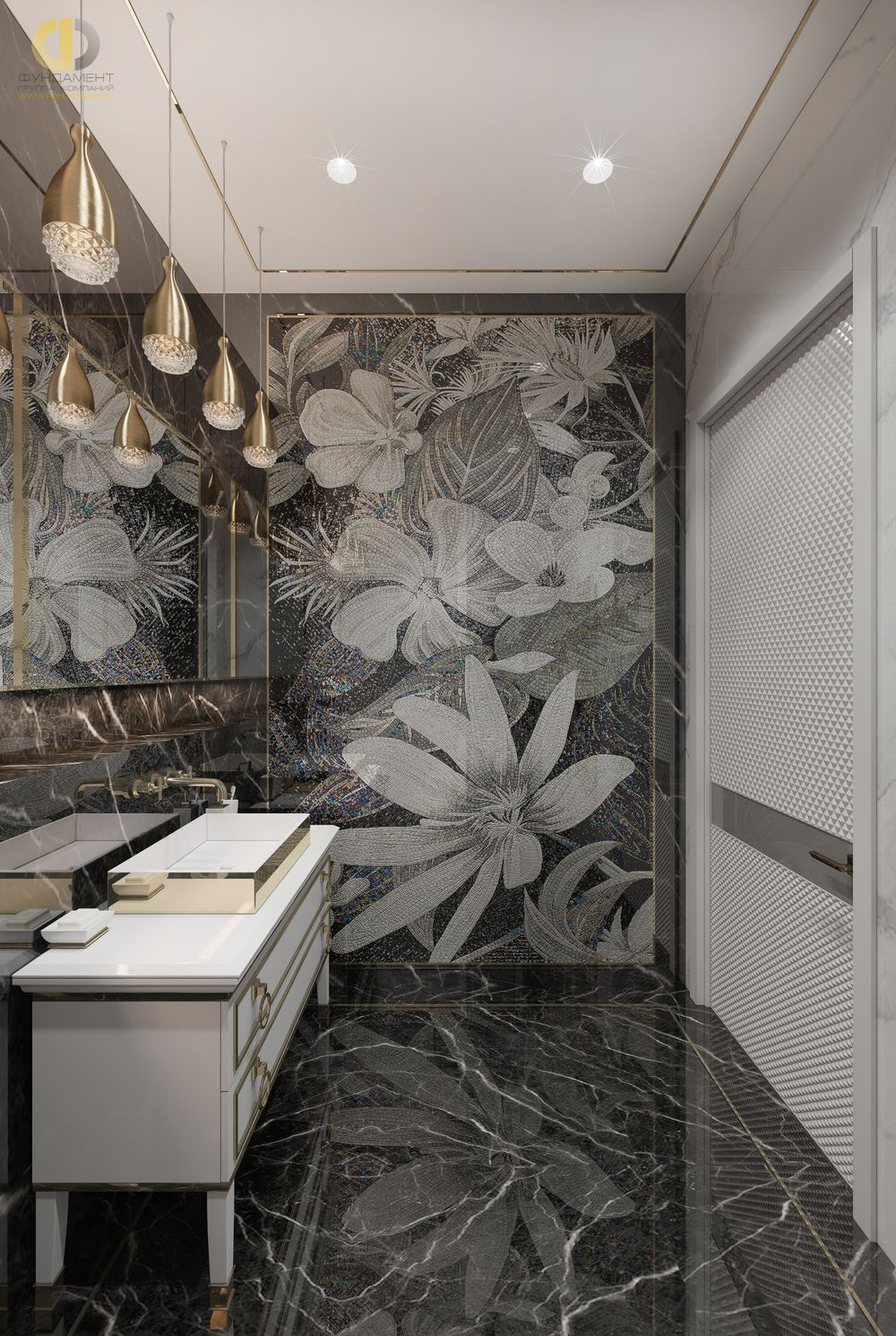 Дизайнерское мозаичное панно с цветочным рисунком в интерьере ванной