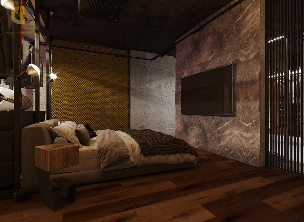 Спальня в стиле дизайна лофт по адресу г. Москва, Береговой проезд, дом 5А, 2021 года