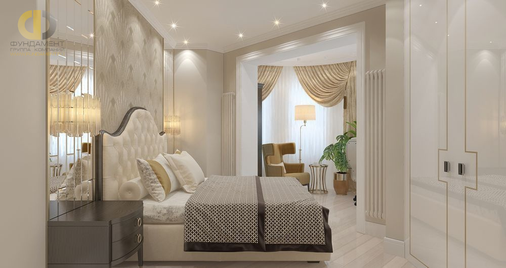 Интерьер спальни в квартире в стилях неоклассика и ар-деко