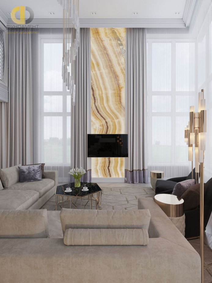 Дизайн интерьера гостиной в доме 171 кв.м в стиле современная классика17