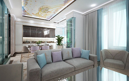 Дизайн интерьера гостиной в трёхкомнатной квартире 103 кв.м в стиле хай-тек