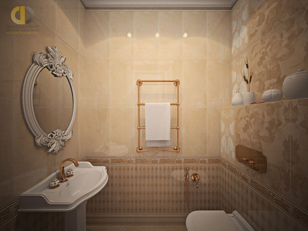 Ванная в стиле дизайна классицизм по адресу г. Москва, ул. Авиационная, д. 77, к. 2, 2018 года