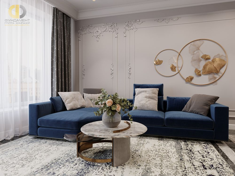 Дизайн гостиной в синем цвете - фото