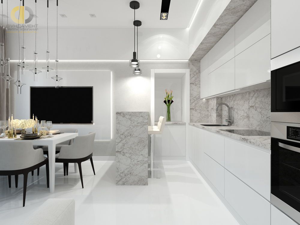 Дизайн белой кухни-гостиной