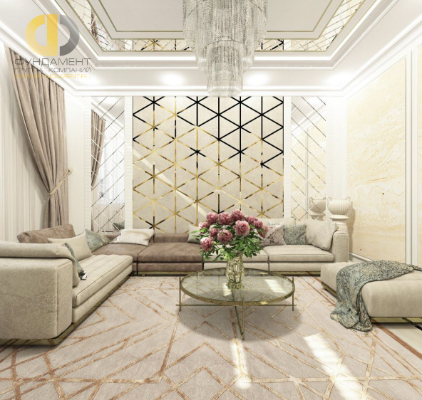 Дизайн интерьера гостиной в двухуровневой квартире 118 кв.м в стиле неоклассика с элементами ар-деко 5