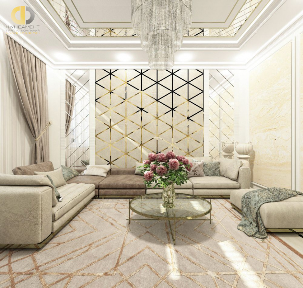 Дизайн интерьера гостиной в двухуровневой квартире 118 кв.м в стиле неоклассика с элементами ар-деко 5